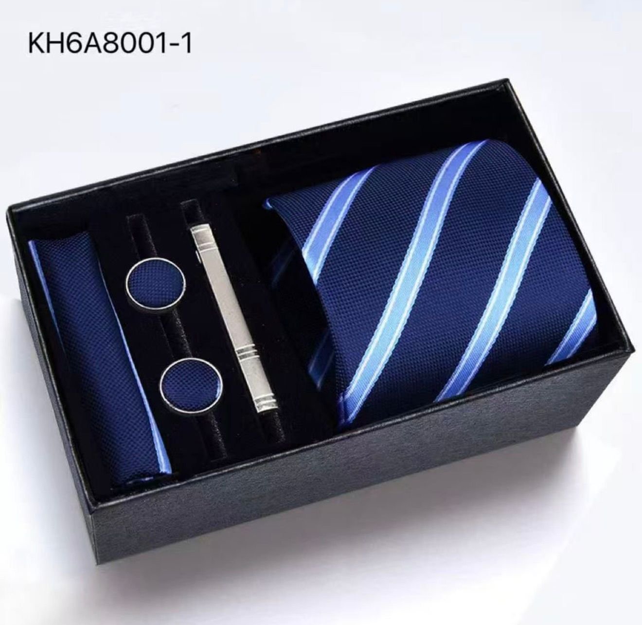 Set de corbata 5 en 1 azul raya gorda